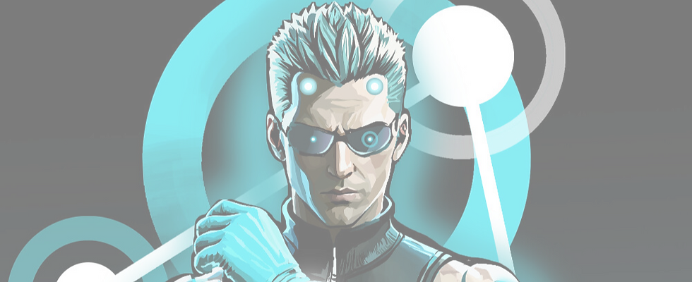 Futuristic male character with tech elements, wearing black armor and sunglasses, in front of a sci-fi digital interface